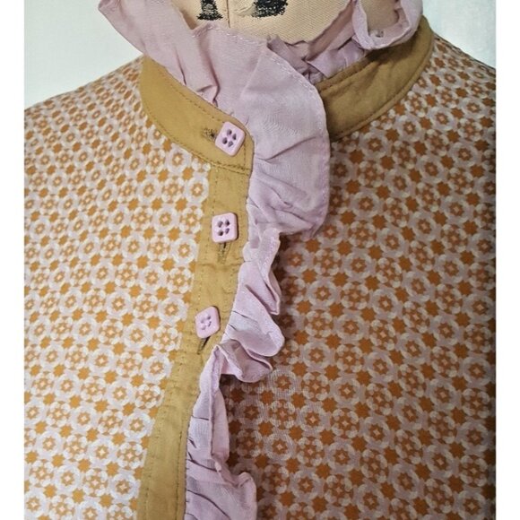 Cute ruffled Penguin pink and tan geometric print button down cotton shirt top - Picture 3 of 11